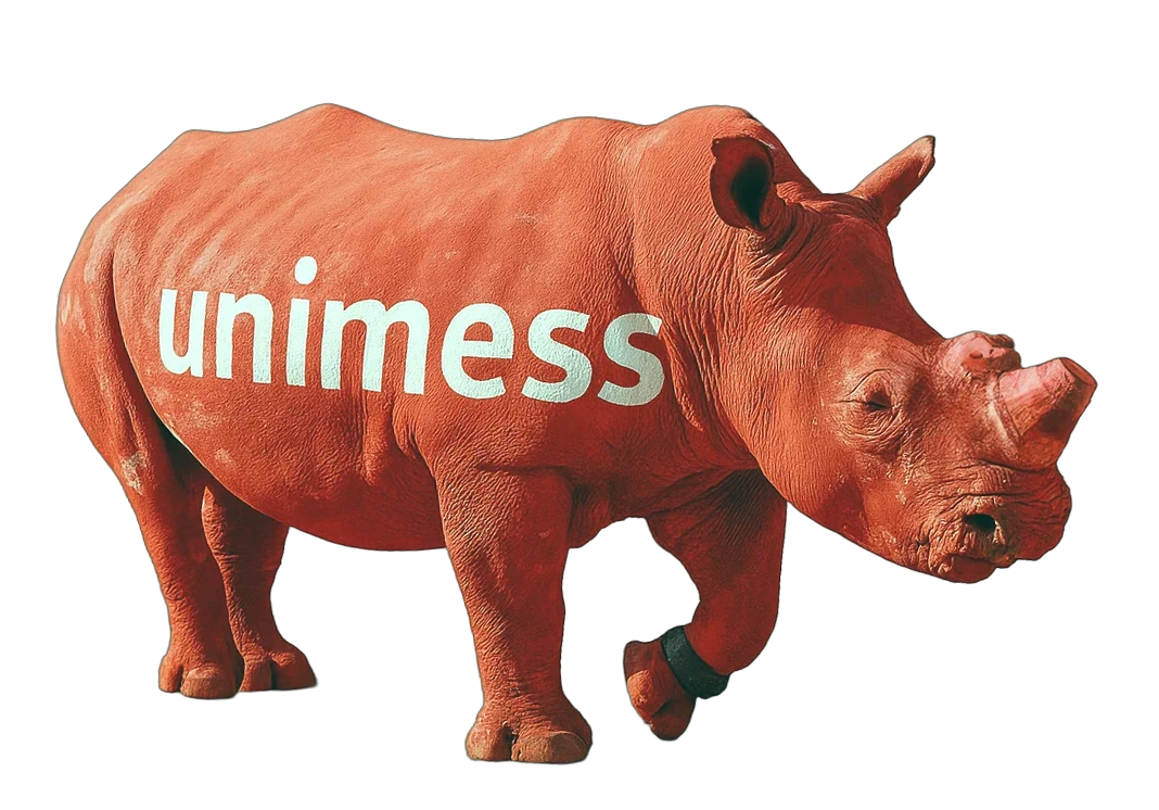 Ein mit Künstlicher Intelligenz generiertes Nashorn, welces rot eingefärbt ist und das Unimess-Logo auf dem bauch Trägt.